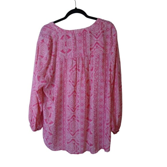Terra & Sky Brand Women 1X (16W-18W) Polyester Tie Front Blouse Pink White Print - Picture 6 of 6